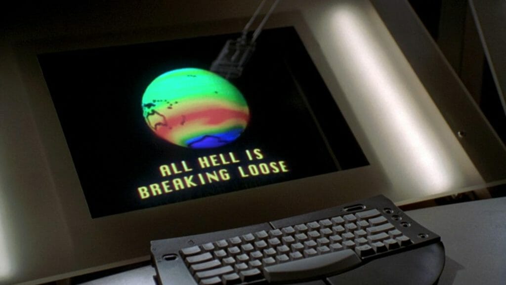 Picture of a screen that says "All hell is breaking loose"